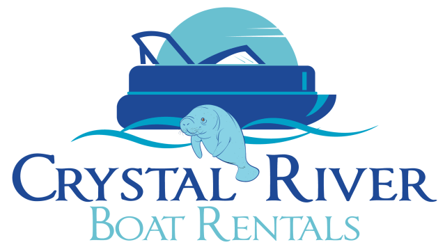 Logo with a blue boat and manatee, text reads 'Crystal River Boat Rentals'.