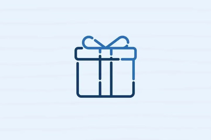 Simple blue line drawing of a gift box with a bow on a light background.